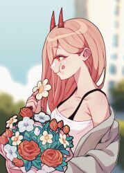Rule 34 | 1girl, :t, bare shoulders, blurry, blurry background, bouquet, bra strap, breasts, chainsaw man, cleavage, commentary, flower, from side, grey jacket, highres, holding, holding flower, horns, jacket, lianbiglian, long hair, medium breasts, off shoulder, open clothes, open jacket, orange eyes, pink hair, power (chainsaw man), profile, red flower, red rose, rose, solo, strapless, tube top, upper body, white flower