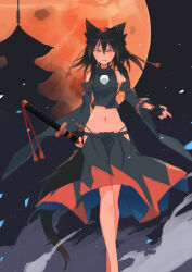 Rule 34 | 1girl, alternate color, animal ears, black hair, black shirt, black skirt, commentary request, contrapposto, detached sleeves, feet out of frame, full moon, hat, highres, holding, holding sword, holding weapon, inubashiri momiji, kakaricho dairi, medium hair, moon, outdoors, pagoda, pom pom (clothes), red hat, red skirt, shirt, skirt, solo, sword, tokin hat, touhou, two-tone skirt, weapon, wide sleeves, wolf ears, wolf girl