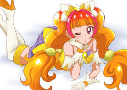 Rule 34 | 1girl, amanogawa kirara, boots, cure twinkle, gloves, go! princess precure, hanzou, long hair, looking at viewer, low-tied long hair, lying, magical girl, multicolored hair, on stomach, one eye closed, orange hair, pout, precure, purple eyes, quad tails, red hair, solo, streaked hair, the pose, thigh boots, thighhighs, twintails, two-tone hair, white background, white footwear, white gloves