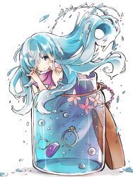 Rule 34 | 10s, 1girl, bad id, bad pixiv id, bare shoulders, blue eyes, blue hair, bottle, bubble, chain, check commentary, commentary request, earrings, flower, fuyusuke, fuyusuke (hz+), hair over one eye, highres, interlocked fingers, jewelry, liquid hair, long hair, looking at viewer, matching hair/eyes, merc (merc storia), merc storia, mini person, minigirl, ring, simple background, solo, water, white background
