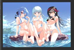 Rule 34 | 3girls, :d, alternate costume, arm at side, bare shoulders, barefoot, bikini, bikini top pull, black bikini, black hair, black ribbon, blue eyes, blue hair, blue sky, blush, bow, braid, breasts, breasts apart, closed mouth, collarbone, commentary, crown braid, curvy, day, feet, floating hair, foot focus, foot out of frame, foreshortening, groin, hair between eyes, hair bow, hair bun, hair ribbon, hairband, haku89, halterneck, hand on own stomach, hand up, knee up, kushima kamome, large breasts, long hair, looking at viewer, medium breasts, midriff, multiple girls, naruse shiroha, navel, open mouth, outdoors, presenting foot, pulling own clothes, red bow, red eyes, red hairband, ribbon, rock, side-by-side, sidelocks, single hair bun, sitting, sky, smile, soaking feet, soles, sorakado ao, stomach, straight hair, summer pockets, swimsuit, thighs, toes, tongue, tongue out, tsurime, very long hair, water, white bikini, white hair, wind, yellow eyes