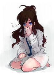 Rule 34 | 10s, 1girl, bare legs, barefoot, blouse, blue eyes, blue necktie, borrowed clothes, bottomless, brown hair, covered mouth, covering own mouth, creatures (company), full body, game freak, hand over own mouth, hilda (pokemon), long hair, necktie, nintendo, no headwear, oversized clothes, pokemon, pokemon bw, ponytail, see-through, seiza, shirt, sitting, solo, white background, white shirt, yugimaru (sugar)