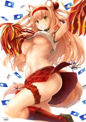 Rule 34 | 10s, 1girl, animal ear fluff, animal ears, arm up, armpits, ass, blonde hair, blush, breasts, cheerleader, commentary request, crop top, crop top overhang, fate/extra, fate/extra ccc, fate/extra ccc fox tail, fate/grand order, fate (series), fox ears, fox tail, grin, hairband, kneehighs, large breasts, long hair, looking at viewer, midriff, navel, no bra, pleated skirt, pom pom (cheerleading), red socks, red skirt, skirt, smile, socks, solo, standing, standing on one leg, suien, suzuka gozen (fate), tail, thigh strap, underboob, upshirt