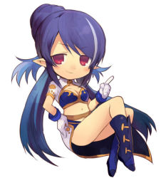 Rule 34 | 00s, 1girl, bad id, bad pixiv id, blue footwear, blue hair, blush, boots, chibi, crossed legs, full body, hair bun, hand on own hip, index finger raised, ju-zika, judith (tales), knee boots, long hair, lowres, pointy ears, red eyes, single hair bun, smile, solo, tales of (series), tales of vesperia, twintails, white background