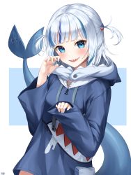 Rule 34 | 1girl, :d, absurdres, animal hood, bad id, bad pixiv id, blue eyes, blue hair, blue hoodie, blush, commentary request, cowboy shot, fins, fish tail, gawr gura, gawr gura (1st costume), grin, hair ornament, hand up, harusame (user wawj5773), highres, hololive, hololive english, holomyth, hood, hood down, hoodie, huge filesize, long hair, long sleeves, looking at viewer, multicolored background, multicolored hair, open mouth, shark girl, shark hood, shark tail, sharp teeth, signature, smile, solo, streaked hair, tail, teeth, upper teeth only, virtual youtuber, white hair, wide sleeves
