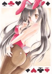 Rule 34 | 1girl, animal ears, ass, bad id, bad pixiv id, black hair, blush, breasts, brown eyes, fake animal ears, large breasts, long hair, looking at viewer, looking to the side, original, pantyhose, playboy bunny, pom77, rabbit ears, rabbit tail, sideboob, solo, tail, traditional media, twintails, wrist cuffs
