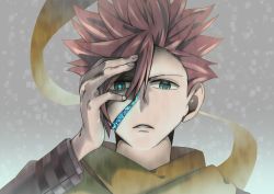 Rule 34 | 1boy, achrocide, blue eyes, green eyes, grey background, hair between eyes, hand up, heterochromia, id :invaded, looking at viewer, male focus, red hair, sakaido (id:invaded), scarf, solo, spiked hair, yellow scarf