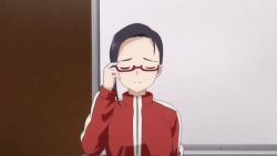 Rule 34 | animated, animated gif, black hair, demi-chan wa kataritai, glasses, jacket, long hair, red-framed eyewear, satou sakie, track jacket, track suit