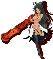 Rule 34 | 1girl, adapted costume, alternate skin color, alternate weapon, aoshima, arm cannon, bare shoulders, bikini, black hair, bow, breasts, cleavage, cleft of venus, covered erect nipples, female focus, grey eyes, hair bow, high ponytail, highres, large breasts, long hair, low wings, micro bikini, navel, open mouth, pussy, reiuji utsuho, shiny skin, side-tie bikini bottom, sideboob, simple background, single thighhigh, skinny, skirt, slender, solo, strap gap, string bikini, swimsuit, tan, thighhighs, third eye, touhou, uncensored, weapon, wings
