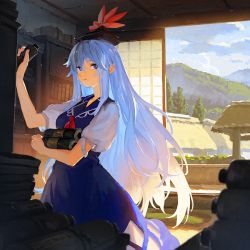 Rule 34 | 1girl, arch, black hat, blue dress, blue eyes, blue hair, book, book stack, bookshelf, closed mouth, commentary request, cowboy shot, dress, hair between eyes, hat, holding, holding scroll, indoors, kamishirasawa keine, kitsune (kazenouta), long hair, looking at viewer, mountain, neckerchief, open door, pinafore dress, puffy short sleeves, puffy sleeves, red neckerchief, scenery, scroll, shirt, short sleeves, shouji, sideways glance, sky, sleeveless, sleeveless dress, sliding doors, smile, solo, tokin hat, touhou, tree, white shirt
