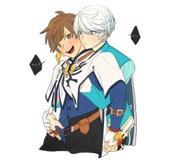 Rule 34 | ..., 10s, 2boys, bishounen, blush, bracelet, brown hair, feathers, fingerless gloves, gloves, green eyes, hand in pants, hand under clothes, hand under shirt, ho-dan., jewelry, looking at another, male focus, mikleo (tales), multiple boys, purple eyes, shirt, sorey (tales), spoken ellipsis, sweatdrop, tales of (series), tales of zestiria, undressing, white gloves, white hair, yaoi