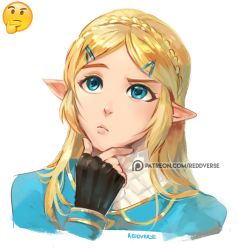Rule 34 | 1girl, artist name, blonde hair, blue eyes, stroking own chin, commentary, commission, emoji, fingerless gloves, gloves, hair ornament, hairclip, hand on own chin, looking to the side, nintendo, patreon username, pointy ears, princess zelda, reddverse, simple background, solo, the legend of zelda, the legend of zelda: breath of the wild, thinking, thinking emoji, upper body, white background