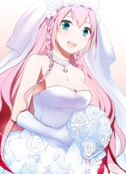 Rule 34 | 1girl, :d, aqua eyes, bare shoulders, blue eyes, blush, bouquet, braid, breasts, bridal veil, cleavage, collarbone, dress, female focus, flower, gloves, happy, holding, jewelry, kikuchi mataha, large breasts, long hair, looking at viewer, megurine luka, necklace, open mouth, pink hair, rose, smile, solo, strapless, strapless dress, twin braids, veil, very long hair, vocaloid, wedding dress, white dress, white flower, white gloves, white rose