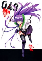 Rule 34 | 1girl, absurdres, black thighhighs, breasts, busujima saeko, cleavage, female focus, full body, garter straps, highres, highschool of the dead, holding, holding sword, holding weapon, lace, lace-trimmed legwear, lace trim, long hair, official art, purple hair, satou shouji, simple background, solo, sword, thighhighs, very long hair, weapon