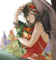 Rule 34 | 1girl, 91007, artist name, bare arms, bare shoulders, bird wings, black hair, black wings, blue eyes, character doll, commentary, crossed bangs, doll, feathered wings, fire emblem, fire emblem: path of radiance, fire emblem: radiant dawn, flower, hair between eyes, hair flower, hair ornament, hand up, highres, holding, holding doll, leaf, long hair, looking at viewer, messy hair, muarim (fire emblem), nintendo, parted lips, plant, purple flower, red flower, red shirt, shirt, simple background, smile, solo, symbol-only commentary, tormod (fire emblem), twitter username, vika (fire emblem), white background, white flower, wings, yellow flower