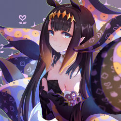 Rule 34 | 1girl, black collar, black dress, black gloves, black hair, blue eyes, blunt bangs, closed mouth, collar, countlen, cutout above navel, dress, flat chest, from above, from side, fur-trimmed collar, fur trim, gloves, gradient hair, headpiece, hololive, hololive english, long hair, looking at viewer, low wings, mole, mole under eye, multicolored hair, ninomae ina&#039;nis, ninomae ina&#039;nis (1st costume), orange hair, pointy ears, sidelocks, smile, solo, straight hair, strapless, strapless dress, tentacle grab, tentacle hair, tentacles, tube dress, very long hair, virtual youtuber, white gloves, wings