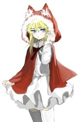 Rule 34 | 1984 (artist), 1girl, black souls, blonde hair, blue eyes, cloak, closed mouth, cowboy shot, dress, expressionless, fur-trimmed cloak, fur trim, hand up, highres, hood, hooded cloak, long sleeves, looking at viewer, red cloak, red hood (black souls), simple background, skirt hold, solo, thighhighs, white background, white dress, white thighhighs