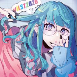 Rule 34 | 1girl, 2020, aqua hair, black nails, earrings, glasses, grey eyes, hands up, holding, holding own hair, illustration.media, jewelry, long sleeves, multicolored hair, nail polish, original, parted lips, pink hair, puppeteer7777, round eyewear, solo, streaked hair, two-tone hair