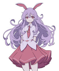 Rule 34 | 1girl, animal ears, blouse, buttons, collared shirt, highres, kame (kamepan44231), light purple hair, long hair, medium skirt, necktie, one-hour drawing challenge, pink skirt, puffy short sleeves, puffy sleeves, purple hair, rabbit ears, red eyes, red necktie, reisen udongein inaba, shirt, short sleeves, simple background, skirt, solo, touhou, very long hair, white background, white shirt