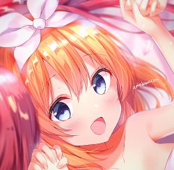 Rule 34 | 3girls, :d, amedamacon, arm up, artist name, bare shoulders, blue eyes, blush, collarbone, commentary request, dutch angle, fingernails, go-toubun no hanayome, hair between eyes, hair ribbon, highres, holding hands, interlocked fingers, looking at viewer, lying, multiple girls, nakano itsuki, nakano yotsuba, on back, open mouth, orange hair, out of frame, red hair, ribbon, signature, smile, solo focus, star (symbol), strapless, white ribbon