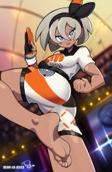 Rule 34 | 1girl, barefoot, bea (pokemon), black bodysuit, black hairband, bodysuit, bodysuit under clothes, bow hairband, clenched hand, collared shirt, commentary, creatures (company), draw-till-death, dynamax band, eyelashes, from below, game freak, gloves, grey eyes, grey hair, hair between eyes, hairband, highres, leg up, nintendo, open mouth, partially fingerless gloves, pokemon, pokemon swsh, print shirt, print shorts, shirt, short hair, short sleeves, shorts, side slit, side slit shorts, single glove, soles, solo, stadium, teeth, upper teeth only