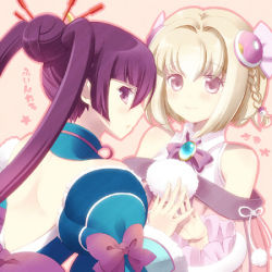 Rule 34 | 2girls, ar tonelico, ar tonelico iii, back, bad id, bad pixiv id, bare shoulders, blonde hair, blush, bow, braid, detached sleeves, finnel (ar tonelico), gust, hair ornament, kokuro, lowres, multiple girls, pink eyes, purple eyes, purple hair, saki (ar tonelico), smile, twintails