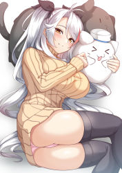 Rule 34 | &gt;3&lt;, 1girl, absurdres, alternate costume, ass, azur lane, black thighhighs, blush, breasts, brown eyes, brown sweater, feet out of frame, grey hair, hair between eyes, hair ribbon, heart, highres, knees together feet apart, large breasts, long hair, long sleeves, meowfficer (azur lane), monochrome, moyoron, no pants, panties, parted bangs, prinz eugen (azur lane), red hair, ribbed sweater, ribbon, simple background, sleeves past wrists, spot color, sweater, thighhighs, turtleneck, turtleneck sweater, two side up, underwear, very long hair, white background, white headwear