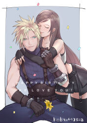 Rule 34 | 1boy, 1girl, bare shoulders, belt, belt buckle, black hair, black skirt, black sports bra, black thighhighs, blonde hair, blue eyes, blush, brown gloves, brown hair, buckle, closed eyes, closed mouth, cloud strife, collarbone, confetti, couple, earrings, elbow gloves, english text, final fantasy, final fantasy vii, final fantasy vii remake, fingerless gloves, flower, gloves, hand on another&#039;s arm, happy birthday, highres, holding, holding flower, hug, hug from behind, jewelry, long hair, looking at another, mugikoma, multiple belts, ribbed sweater, single earring, sitting, skirt, sleeveless, sleeveless turtleneck, smile, spiked hair, sports bra, suspender skirt, suspenders, sweater, swept bangs, tank top, thighhighs, tifa lockhart, turtleneck, turtleneck sweater, twitter username, white tank top, yellow flower, zettai ryouiki