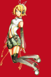 Rule 34 | 1girl, absurdres, blonde hair, boots, breasts, colorized, headphones, highres, kagamine rin, looking at viewer, peruri, red background, short hair, simple background, smile, solo, thigh boots, thighhighs, vocaloid