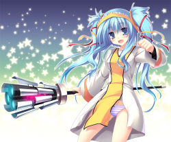 Rule 34 | 1girl, blue hair, broom, hair ribbon, long hair, open mouth, original, panties, ribbon, solo, star (symbol), striped clothes, striped panties, tateha (marvelous grace), thrusters, twintails, unconventional broom, underwear