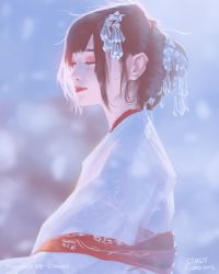 Rule 34 | 1girl, bad id, bad tumblr id, black hair, blurry, blurry background, closed eyes, closed mouth, dated, hair ornament, highres, japanese clothes, lips, lipstick, makeup, original, profile, raikoart, short hair, signature, solo, wind