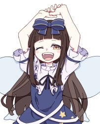 Rule 34 | 1girl, absurdres, arms up, blue bow, blue dress, blush stickers, bow, brown eyes, brown hair, dress, fairy, fairy wings, frilled sleeves, frills, hair bow, highres, kame (kamepan44231), long hair, one eye closed, open mouth, short sleeves, simple background, smile, solo, star (symbol), star print, star sapphire, touhou, upper body, white background, wings