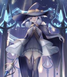 Rule 34 | 1girl, blue eyes, breasts, curly hair, dress, gloves, halloween, hat, head wings, highres, long hair, looking at viewer, medium breasts, melia antiqua, mirin., silver hair, simple background, smile, solo, staff, thighhighs, wings, witch hat, xenoblade chronicles: future connected, xenoblade chronicles (series), xenoblade chronicles 1