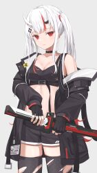 Rule 34 | 1girl, absurdres, alternate costume, black choker, black coat, black gloves, black shorts, black tank top, black thighhighs, choker, closed mouth, coat, commentary request, crop top, expressionless, fingerless gloves, gloves, hair ornament, highres, holding, holding sword, holding weapon, hololive, horns, long hair, long sleeves, looking at viewer, multicolored hair, nakiri ayame, norio (noriosub), off shoulder, open clothes, open coat, puffy long sleeves, puffy sleeves, red eyes, red hair, short shorts, shorts, sidelocks, simple background, skin-covered horns, solo, streaked hair, sword, tank top, thighhighs, torn clothes, torn thighhighs, twintails, virtual youtuber, weapon, white hair