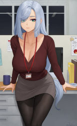 Rule 34 | 1girl, absurdres, arm support, binder, black pantyhose, blush, breasts, cleavage, closed mouth, collarbone, contemporary, cubicle, cup, desk, genshin impact, green eyes, grey skirt, half-closed eyes, highres, id card, lanyard, large breasts, long hair, long sleeves, looking at viewer, miniskirt, monitor, office lady, pantyhose, red sweater, shenhe (genshin impact), silver hair, skirt, solo, sticky note, sweater, window, zaphn