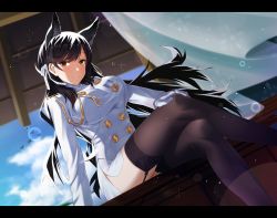 Rule 34 | 1girl, animal ears, atago (azur lane), azur lane, black thighhighs, blue sky, blurry, blush, breasts, brown eyes, brown hair, buttons, closed mouth, crossed legs, day, depth of field, epaulettes, feet out of frame, garter straps, jacket, kagiyama (clave), large breasts, lens flare, letterboxed, long hair, long sleeves, looking at viewer, md5 mismatch, military jacket, miniskirt, mole, mole under eye, pencil skirt, resolution mismatch, sitting, skirt, sky, smile, solo, source larger, thighhighs, white jacket