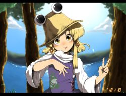Rule 34 | 1girl, :q, blonde hair, blush, day, female focus, hair ribbon, hand on own chest, harusame (unmei no ikasumi), hat, letterboxed, long hair, moriya suwako, outdoors, ribbon, smile, solo, tongue, tongue out, touhou, tree, upper body, v, yellow eyes