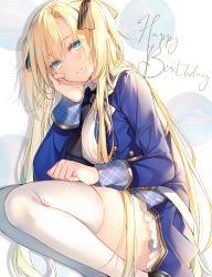 Rule 34 | 1girl, blazer, blonde hair, blue jacket, blue skirt, blush, bow, character name, closed mouth, commentary request, green eyes, hair ribbon, happy birthday, highres, jacket, legs together, long hair, long sleeves, looking at viewer, open clothes, open jacket, plaid, regina mercedes, ribbon, seiken gakuin no maken tsukai, shirt, skirt, smile, solo, squatting, striped, thighhighs, toosaka asagi, very long hair, white shirt, white thighhighs