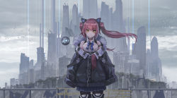 Rule 34 | 1girl, bird, black pantyhose, boots, breasts, city, collar, fur trim, headgear, highres, looking at viewer, medium breasts, off-shoulder jacket, off shoulder, original, outdoors, overcast, pantyhose, pleated skirt, red hair, science fiction, skirt, sky, sleeves past fingers, sleeves past wrists, solo, thigh boots, thighhighs, twintails, wind, yellow eyes, yu ni t