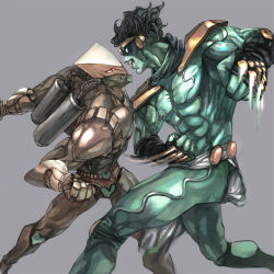 Rule 34 | 2boys, armor, ass, bad id, bad pixiv id, battle, black hair, colored skin, green skin, grey background, jojo no kimyou na bouken, loincloth, male focus, manly, monster, multiple boys, muscular, no humans, pelvic curtain, simple background, stand (jojo), standing, star platinum, the world, touge (kubiwa tsuki)
