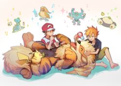 Rule 34 | 2boys, arcanine, barefoot, black shirt, blue oak, collared shirt, comb, creatures (company), flying sweatdrops, game freak, gen 1 pokemon, green pants, hair dryer, hat, holding, huan li, lapras, machamp, male focus, multiple boys, musical note, nintendo, pants, parted lips, pet nail clippers, pidgeot, pikachu, pokemon, pokemon (creature), pokemon sm, raglan sleeves, red (pokemon), red headwear, shirt, short hair, short sleeves, sitting, smile, snorlax, sparkle, spiked hair, toes