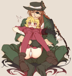 Rule 34 | 1boy, 1girl, black footwear, black gloves, blonde hair, blush, boots, braid, breasts, brown footwear, brown hair, couple, cropped legs, eyepatch, false arm, false limb, fang, gloves, green pants, green shirt, height difference, hellsing, hugging own legs, kayama (fukayama), knees up, large breasts, low twintails, military, military uniform, miniskirt, on lap, open mouth, panties, pants, pantyshot, pencil skirt, pip bernardotte, red eyes, red shirt, red skirt, red thighhighs, scarf, seras victoria, shirt, short hair, simple background, sitting, skirt, sleeves rolled up, surprised, sweat, taut clothes, taut shirt, thighhighs, twintails, underwear, uniform, vampire, white panties, zettai ryouiki