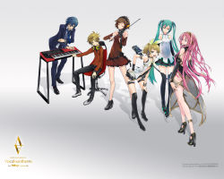 Rule 34 | 2boys, 4girls, aqua eyes, bare shoulders, blonde hair, blue eyes, blue hair, boots, bracelet, brother and sister, brown hair, chair, detached sleeves, dress, formal, green eyes, green hair, hair ornament, hair ribbon, hairband, hairclip, hand on own hip, hatsune miku, headphones, headset, high heels, hip focus, instrument, jacket, jewelry, kagamine len, kagamine rin, kaito (vocaloid), keyboard (instrument), leaning, legs, long hair, looking back, megurine luka, meiko (vocaloid), microphone, multiple boys, multiple girls, navel, necktie, open mouth, pink hair, redjuice, ribbon, shirt, shoes, short hair, siblings, sitting, skirt, sleeveless, sleeveless shirt, smile, thigh boots, thighhighs, track jacket, twins, twintails, very long hair, violin, vocaloid, zettai ryouiki