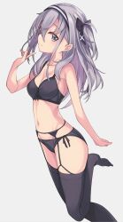 Rule 34 | 1girl, absurdres, black bra, black headband, black panties, black thighhighs, bra, breasts, grey eyes, grey hair, hair between eyes, headband, highres, kantai collection, long hair, looking at viewer, medium breasts, one side up, panties, simple background, solo, standing, standing on one leg, suzutsuki (kancolle), thighhighs, underwear, uut, white hair