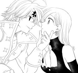 Rule 34 | 10s, 1boy, 1girl, artist name, bare shoulders, buttons, couple, dark persona, detached sleeves, earrings, elizabeth liones, evil smile, eye contact, gauntlets, greyscale, grin, harumiya, jewelry, long hair, long sleeves, looking at another, meliodas, monochrome, nanatsu no taizai, necktie, parted lips, smile