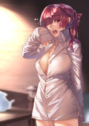 Rule 34 | 1girl, absurdres, alternate costume, arm behind back, blurry, blurry background, blush, breasts, buttons, cleavage, collarbone, collared shirt, commentary request, cowboy shot, dress shirt, hair ribbon, highres, hololive, houshou marine, koubou (cowbow kun), large breasts, long hair, looking at viewer, naked shirt, one eye closed, open mouth, partially unbuttoned, purple hair, red eyes, red hair, ribbon, shirt, sleepy, sleeves past wrists, solo, teeth, twintails, virtual youtuber, yawning