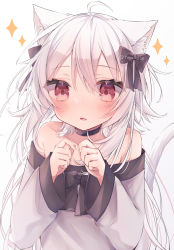 Rule 34 | 1girl, ahoge, animal ear fluff, animal ears, black bow, black choker, blush, bow, cat ears, cat girl, cat tail, choker, collarbone, commentary, dress, fang, gradient background, grey background, hair between eyes, hair bow, hands up, highres, long hair, long sleeves, looking at viewer, off-shoulder dress, off shoulder, original, parted lips, red eyes, ringouulu, sleeves past wrists, solo, sparkle, symbol-only commentary, tail, tail raised, twitter username, very long hair, watermark, white background, white dress, white hair, wide sleeves