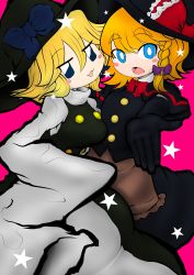 Rule 34 | 2girls, apron, black capelet, black gloves, black headwear, black skirt, black vest, blonde hair, blue eyes, blush, bow, bowtie, braid, breasts, bright pupils, brown apron, capelet, cookie (touhou), cowboy shot, elbow gloves, gloves, hair between eyes, hair bow, hat, hat bow, highres, kirisame marisa, large breasts, looking at viewer, meguru (cookie), miazuma sarin, multiple girls, open mouth, pink background, red bow, red bowtie, short hair, side braid, single braid, skirt, sleeves past fingers, sleeves past wrists, small breasts, smile, star (symbol), third-party source, touhou, turtleneck, vest, waist apron, white pupils, witch hat, yuuhi (cookie)