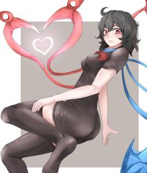 Rule 34 | 1girl, ahoge, ascot, ass, asymmetrical wings, bad id, bad pixiv id, black dress, black hair, black thighhighs, breasts, commentary request, covered erect nipples, dress, heart, heart wings, highres, houjuu nue, impossible clothes, impossible dress, looking at viewer, poini (king-scarlet-dead), red eyes, short sleeves, skin tight, solo, thighhighs, touhou, wings