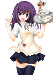 Rule 34 | 1girl, :d, apron, black skirt, black thighhighs, blue eyes, blush, glass, long hair, looking at viewer, miniskirt, open mouth, parfait, purple hair, simple background, sketch, skirt, smile, solo, spoon, suien, thighhighs, tray, waitress, water, working!!, yamada aoi, zettai ryouiki